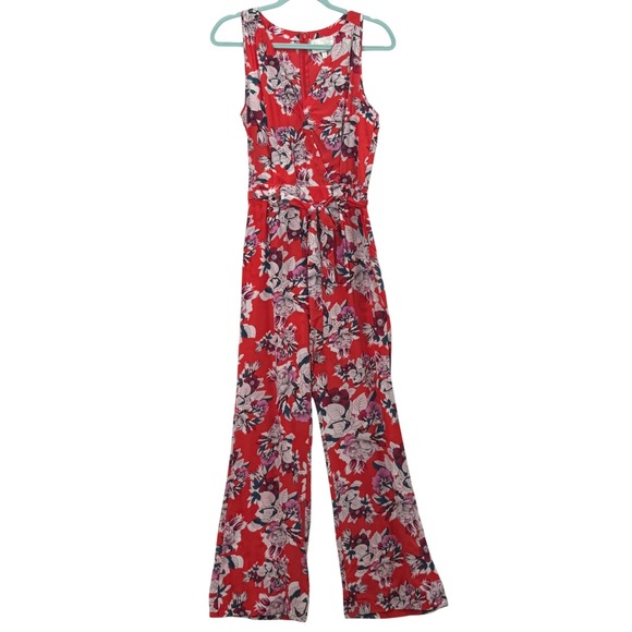 Yumi Kim Pants - Anthropologie Yumi Kim 100% Silk Floral Jumpsuit SM Red Sleeveless Romantic